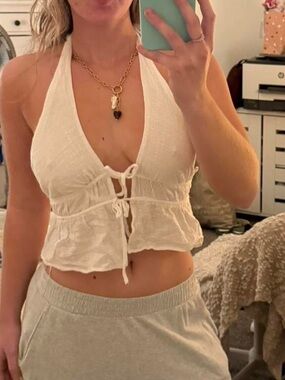 Bershka White Halter Tie-Front Textured Crop Top